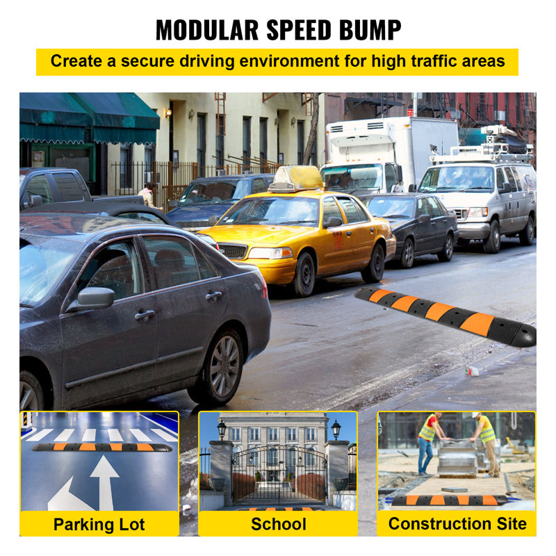 VEVOR Modular Rubber Speed Bump, Driveway Cable Protector Ramp 6FT With 2 End Cap,Rated 22000 LBS Loading