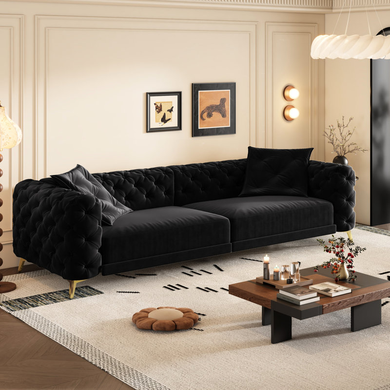 Canapé-lit convertible 4 places de 248 cm x 79 cm (97,7 po x 31 po), profondeur d'assise de 72 cm (28,4 po), avec dossier amovible, capitonnage moderne à boutons, revêtement en velours noir confortable, coussins doux et moelleux pour un confort optimal.