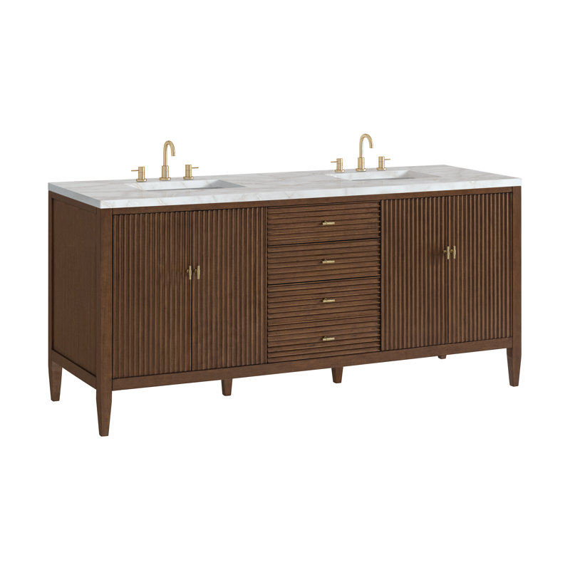 Myrrin 72'' W Double Vanity, Mid-Century Walnut, Victorian Silver Silestone, 8" Widespread