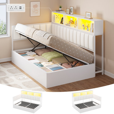 Twin Size Corner Bed Frame with 22.01 Cu.Ft. Hydraulic Storage, RGB LED Lights & Charging Station, Twin Size Daybed with Upholstered Guardrails and Side Bookcase, No Box Spring Needed, White