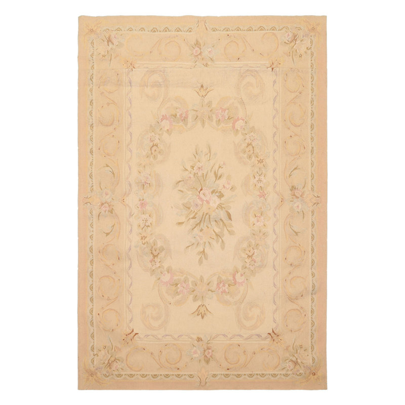 Tapis floral traditionnel beige en laine tissé à la main 4 x 6 po Aubusson