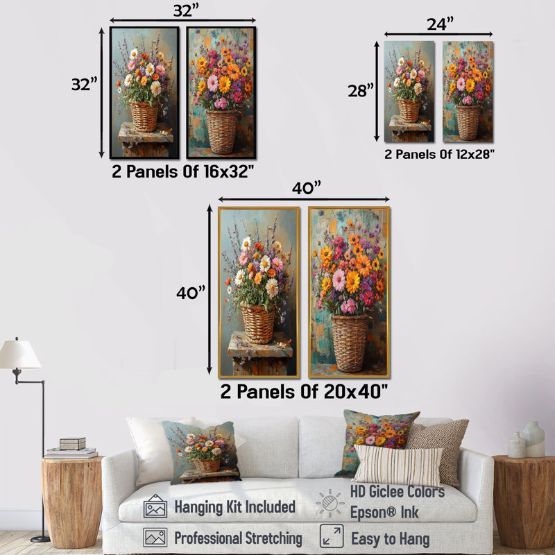 Ensemble de 2 pièces d'art mural Wildflowers, Cadre flottant en érable, H 28 po x l 24 po
