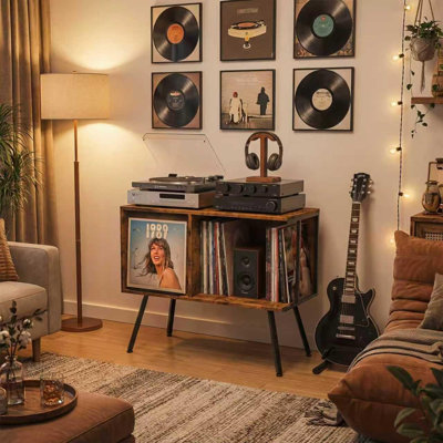 Support pour platine vinyle de style années 50 avec tablette rabattable, capacité de rangement pour plus de 150 disques vinyles.