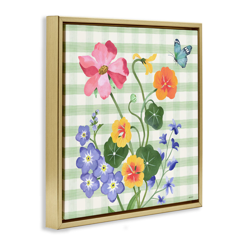 "Gingham Garden Flowers", encadrée par Floater, Cadre flottant métallique doré, H 25 po x l 25 po