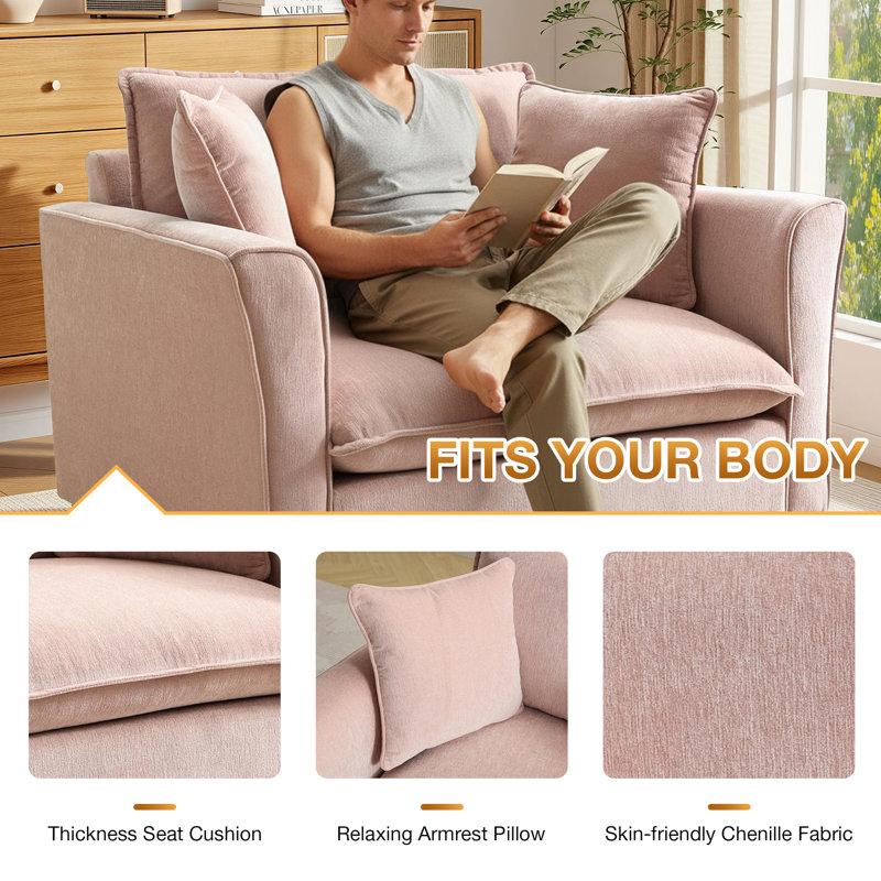 47.1" Single Sofa Chair Chenille Armchair Oversized Deep Seat Cloud Accent Chair With Pillows, Pink
