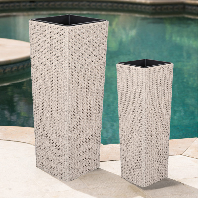 Outdoor PE Wicker Flower Pots, 2-Pcs Set, Beige