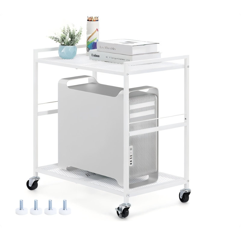 Tour d'ordinateur 2 niveaux Support de tour d'ordinateur blanc Support de l'unité centrale de traitement avec roulettes Support d'ordinateur mobile en métal pour bureau à domicile