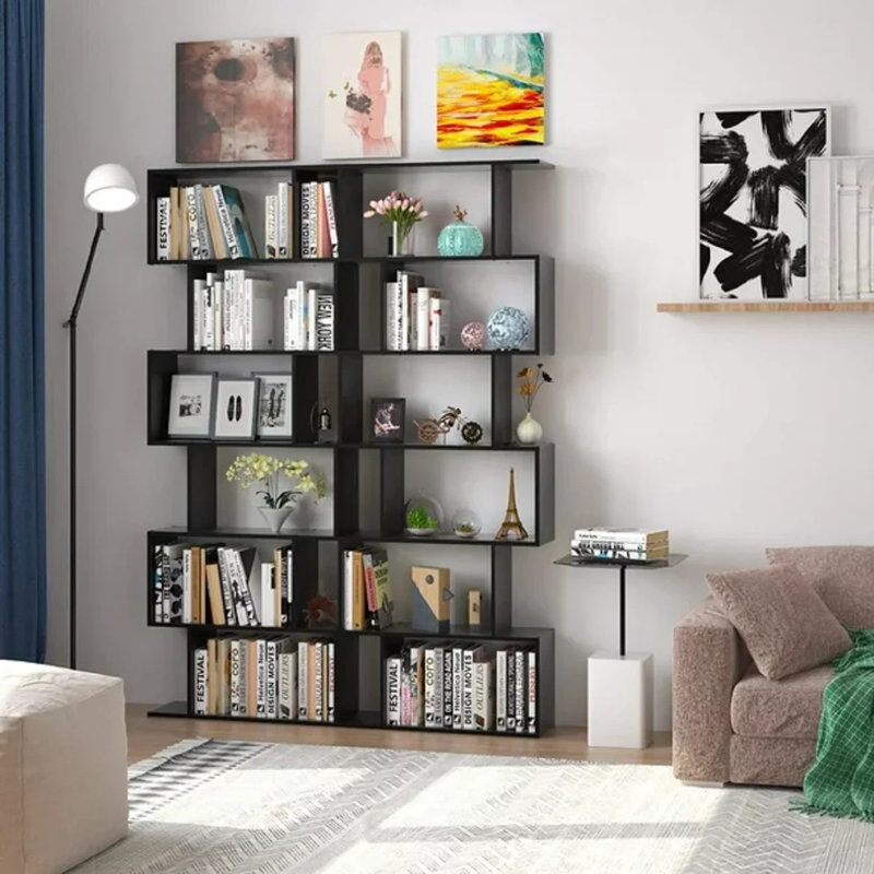 Bibliothèque géométrique Hermoth W Tall, étagère de rangement à 6 niveaux, étagère de présentation contemporaine, Noir, 1