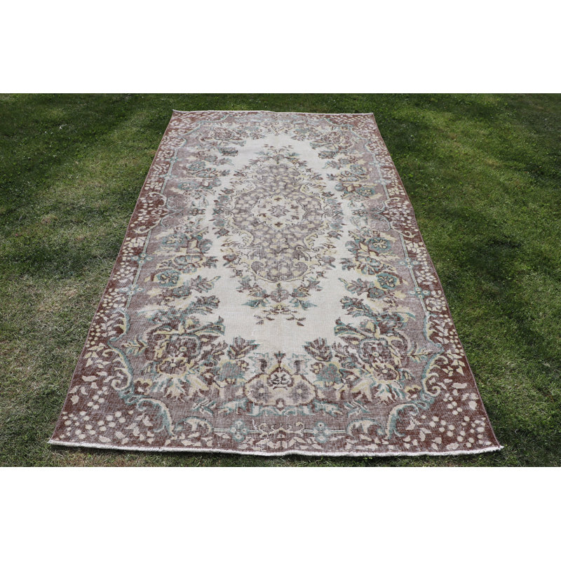 Tapis traditionnel turc Oushak - Tapis rétro pour cuisine dans des tons de beige