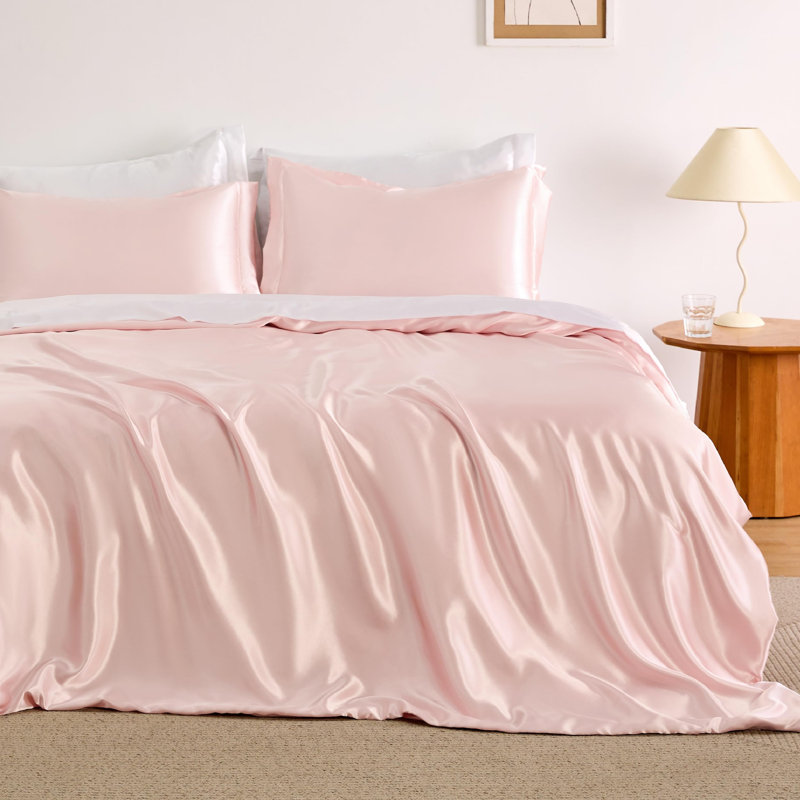 Housse de couette en satin, Housse de couette double et 2 taies décoratives s, Rose cristal