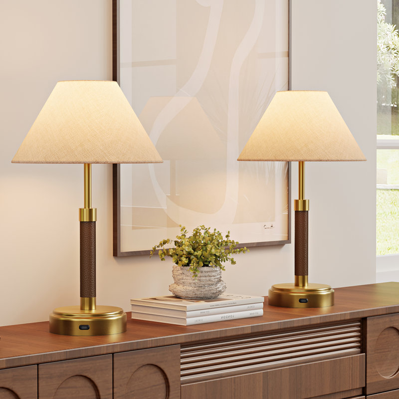 Leather-Wrapped Cordless Rechargeable LED Table Lamps, Set of 2