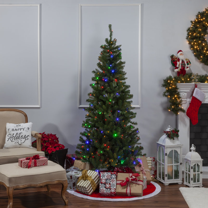 7' Green Pine Artificial Christmas Tree with Multi-Color LED Lights