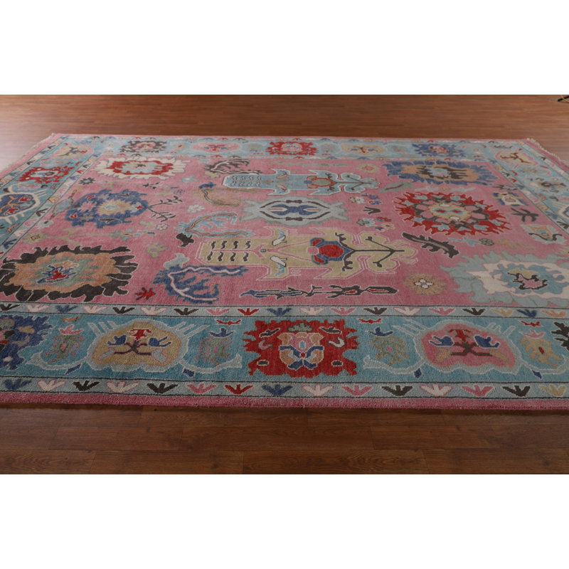 Tapis oriental rose grand fait à la main Oushak 10 x 14