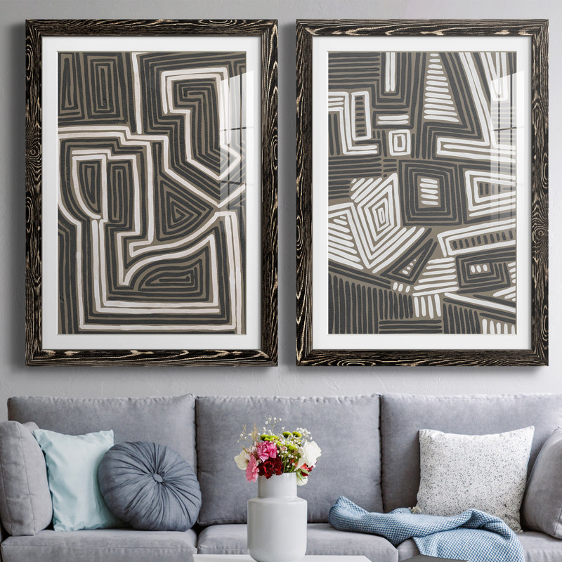 Abstrait labyrinthe I encadré mat - prêt à accrocher, H 20 po x l 17 po x P 1 po, Cadre noir