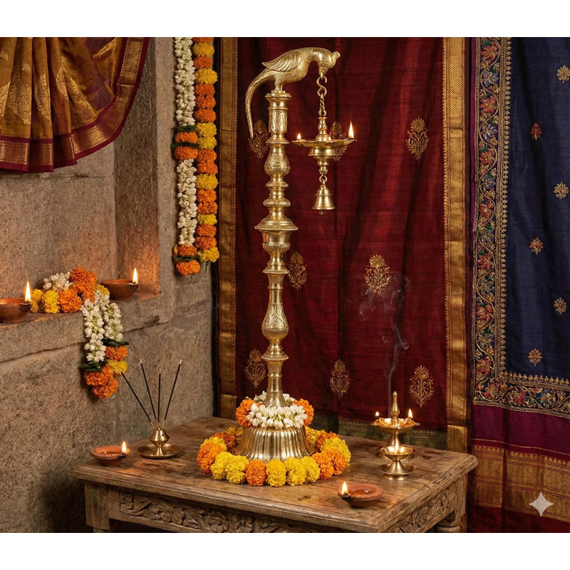 50" Large Handmade Brass Parrot Lamp with Bell – Artistic Multi-Wick Diya for Temple, Luxury Entryway & Spiritual Garden Décor