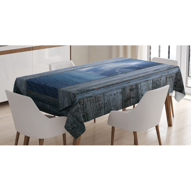Ambesonne Nature Tablecloth, Thunder Bolt At Night From Window In A Seaside House Forces Of Nature Theme Print, Rectangular Table Cover For Dining Room Kitchen Decor, 52" X 70", Blue Grey