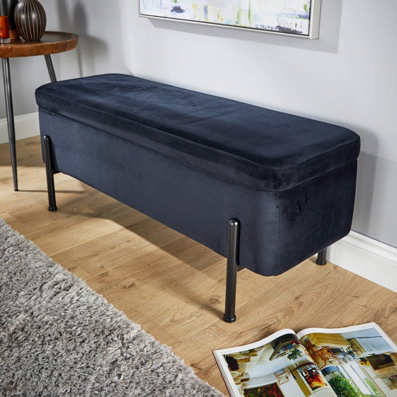 Avdain 110cm Wide Velvet Rectangle No Pattern Standard Ottoman with Storage, Black