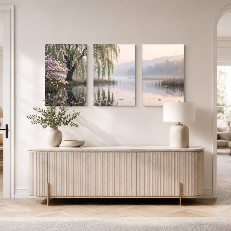 Ensemble d'art mural sur toile Willow Tree with Pink Blossoms at Misty Lake, H 24 po x l 16 po x 3 pièces