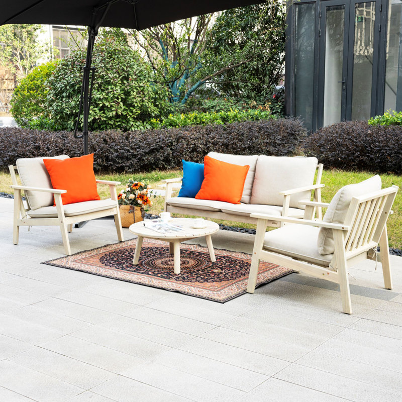 Acacia Wood Conversation Set With Cushions & Free Combination, 4 Pcs: Table, Loveseat, 2 Chairs