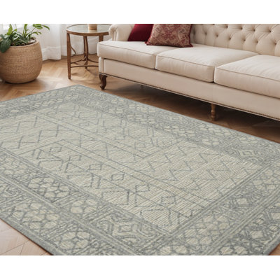 Tapis crocheté à la main 5 pi x 8 pi en laine gris et ivoire Southwestern