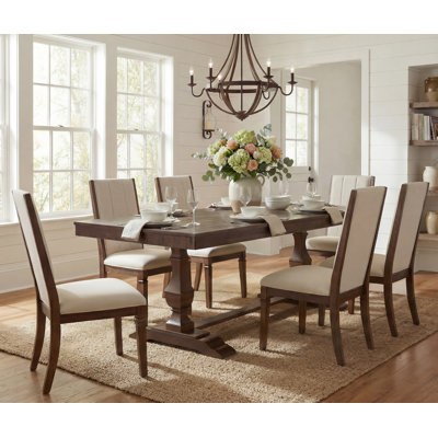 Farmhouse Dining Table Set, Rustic Solid Wood Dining Table With 6 Upholstered Chairs, Antique Traditional Dining Set With T-Shaped Carved Double Pedestal Legs For 6 People,Brown