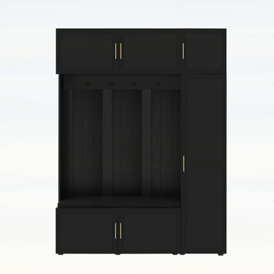American Style 4-in-1 Hall Tree with Padded Bench, 4 Hooks, and Multi-Tier Storage Shelves