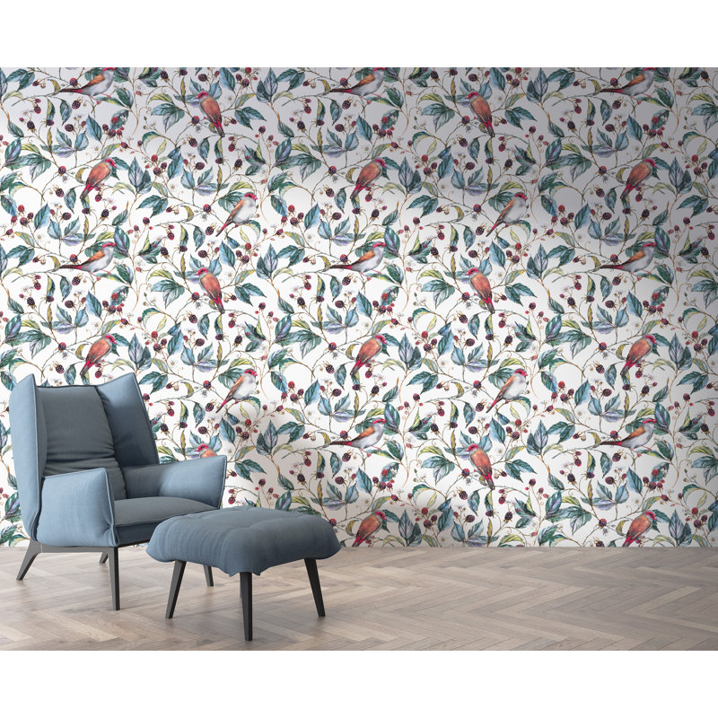 Papier peint baies sauvages et oiseaux, l 24 po x L 120 po
