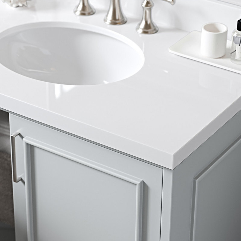 Ariel 67 Inch Pure White Quartz Bathroom Vanity Countertop 1.5 Inch Thick Miter Edge With Oval Single Sink And Includes Backsplash