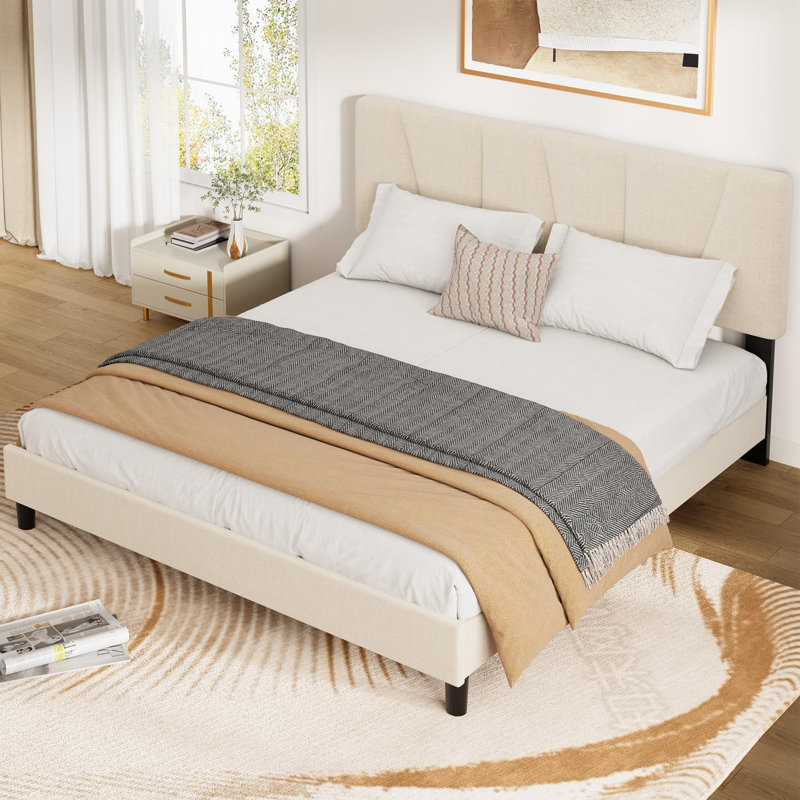 Base de lit plateforme avec tête de lit réglable à 3 niveaux - lattes en bois robustes, silencieuses, robustes 1200 lb, Beige