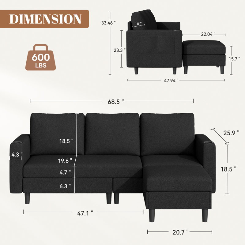 Upholstered Sectional Sofa and Couches, 78'' L Shaped 3-seat Sofa forLiving Room, Apartment,Lounge,Bedroom-Washable Covers Convertible Sofas(Linen Fabric)