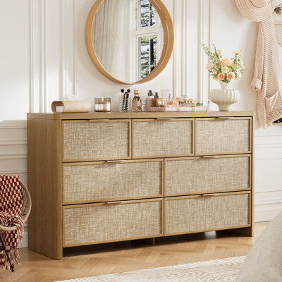 Rattan 7 Drawer Dresser for Bedroom, 55" Wide Curved Dressers & Chests of Drawers with 7 Deep Drawers, Large Boho Wooden Dresser w/Gold Metal Handles for Bedroom Living Room, Natural Oak