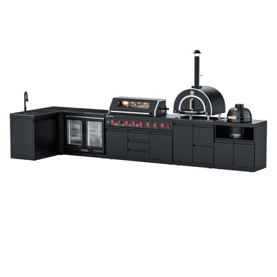 Ensemble d'îlot de cuisine modulaire d'extérieur en forme de L 7 pièces VESTIVium - Barbecue au gaz à 6 brûleurs V611 avec brûleur latéral et infrarouge arrière, réfrigérateur à double porte, armoires de rangement, évier, four à pizza de comptoir et module de barbecue Kamado 18 po