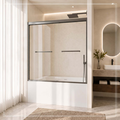 56-60" W × 60" H Tempered Glass Aluminum Frame Double Sliding Shower Door,5/16"(8 mm), Stainless Steel handle,Gun Ash