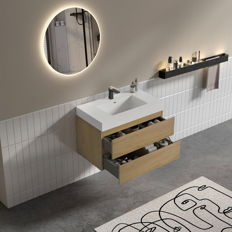 Meuble-lavabo simple 36 po avec surface solide et trop-plein, 36 po, pré-assemblé, Beige, 36", Blanc