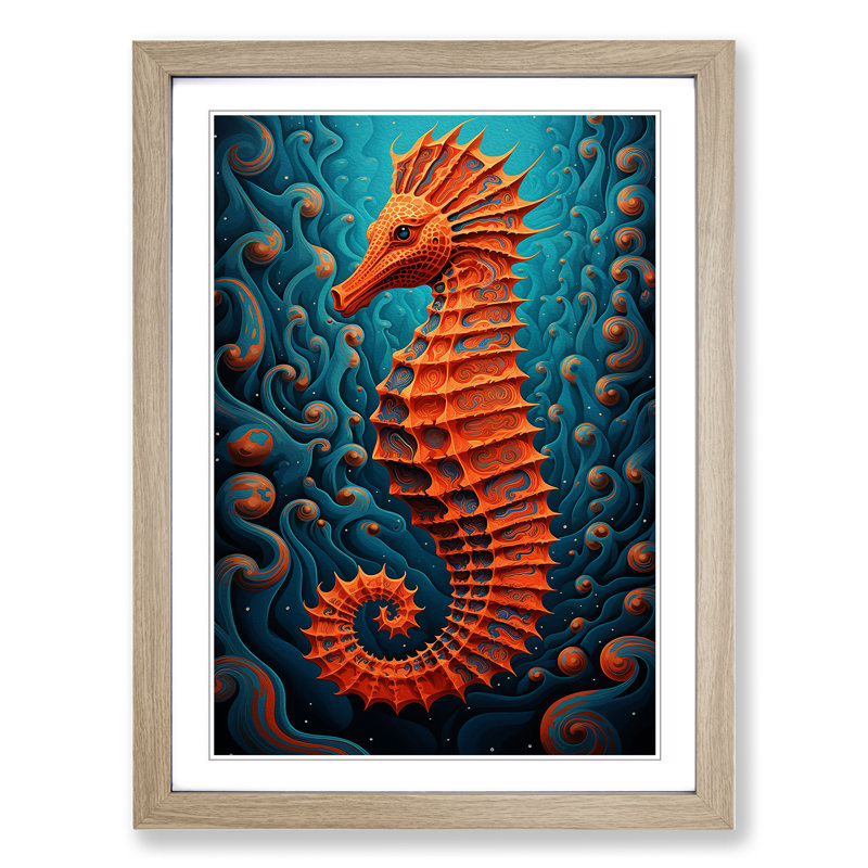 Seahorse Op - Single Picture Frame Print on Wood, Oak, 64cm H x 46cm W x 2cm D