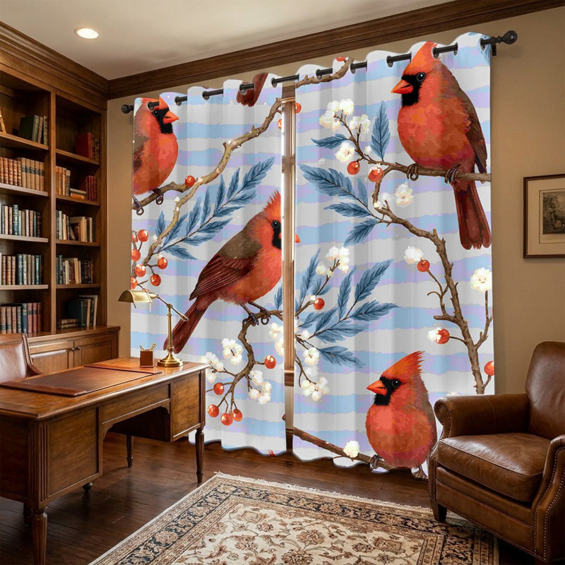 2 pièces de rideaux à imprimé d'oiseaux cardinaux, de branches botaniques et de rideaux à motif de baies, de panneaux à oeillets rustiques et de nature naturelle, d'habillage de fenêtre pour le décor de la chambre à coucher