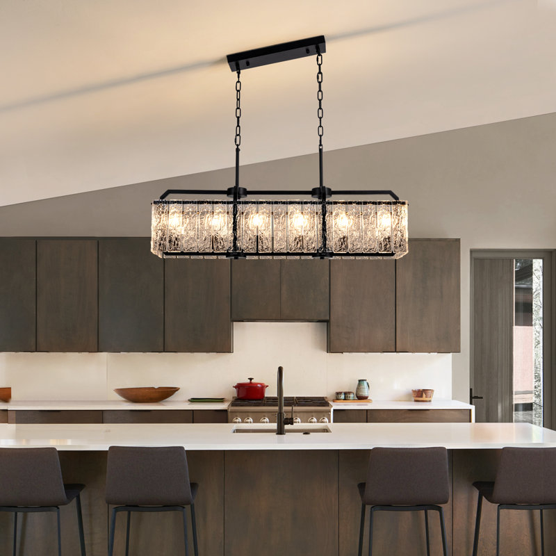 Lustre rectangulaire en cristal 6 lumières à intensité variable pour îlot de cuisine, H 11,2 po x l 39,2 po x P 11,8 po