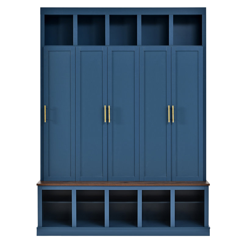 Arbre d'entrée avec armoire-penderie, rangement pour chaussures et casiers de présentation, Marine