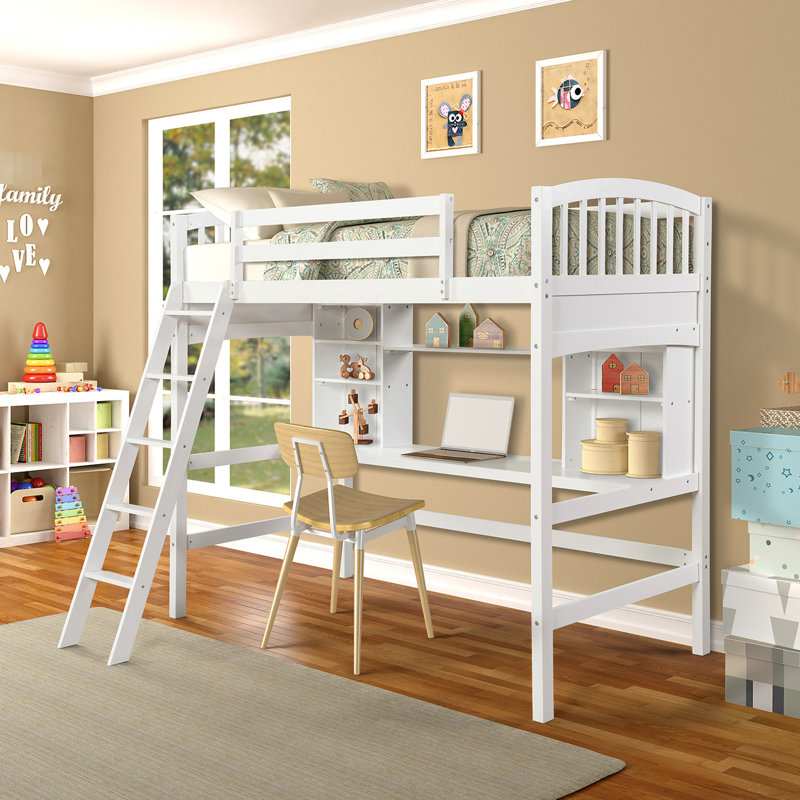 Twin Size Loft Bed With Versatile Storage And Desk Options For A Custom Bedroom Design Shelves - White. Optimize Space. Wood Frame Durability. For Over 6. No Box Spring Requirement