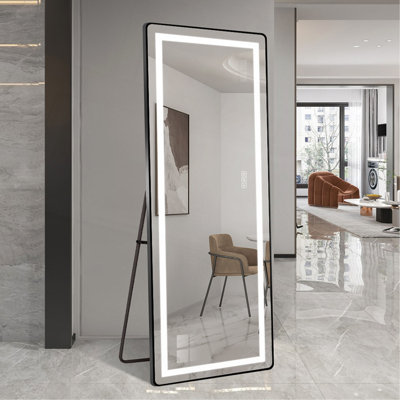 Full-Length Vertical Mirror With LED Light, Illuminated Floor Mirror With Bracket, Dimming Wall Mirror With Full-Length Aluminum Alloy Thin Frame
