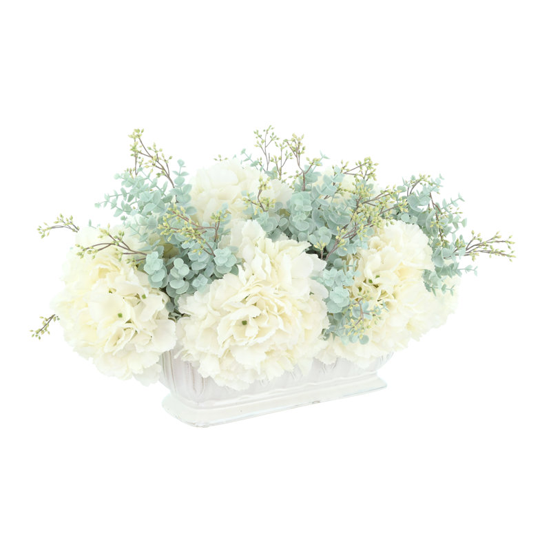 Hydrangea and Eucalyptus Arrangement in Cream Oblong Vase