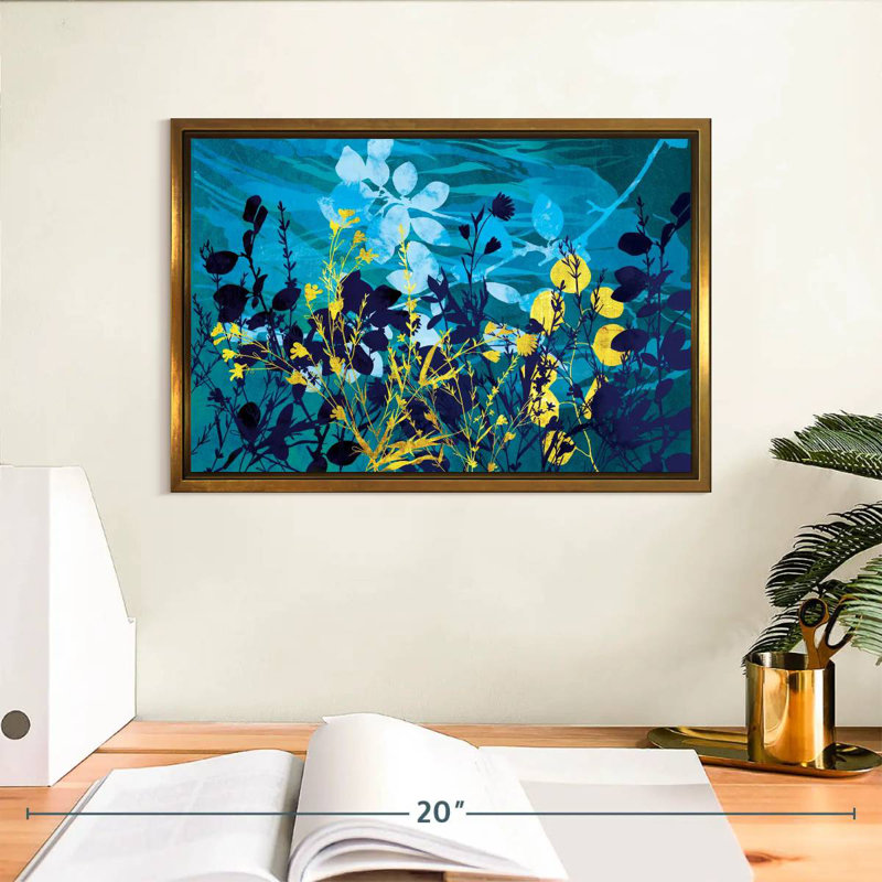 Feuillage de paysage doré et bleu, Cadre flottant doré, 13 po x 9 po