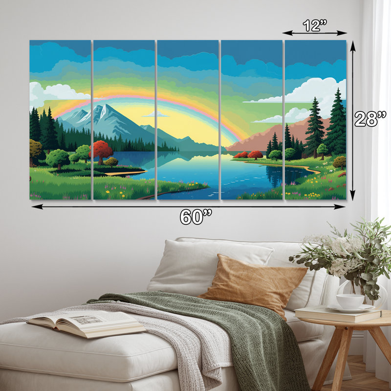 Conscience des montagnes, arc-en-ciel VI - Paysage mural, art mural, salon - 5 panneaux égaux