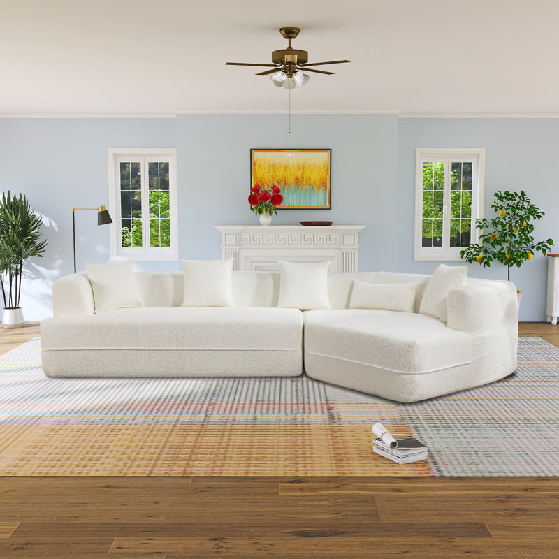 Temica Compression 128"W Boucle RAF Low Back Curved Vacuumed Sectional, Beige Boucle