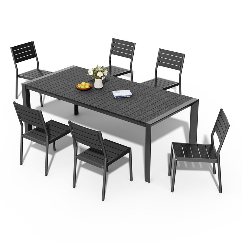 6 - Person 83’’ L Rectangular Aluminum Dining Set with Stackable Chairs, Black