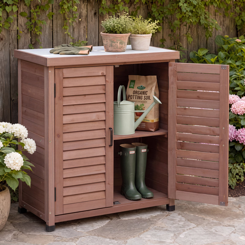 Banc d'extérieur en bois de cèdre avec armoire de rangement et plateau en métal, Marron foncé