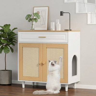 Hidden Cat Litter Box Cabinet with Sisal Scratching Board Doors & Drawer, Dog-Proof Enclosure, Wooden Washroom Furniture, Side End Table