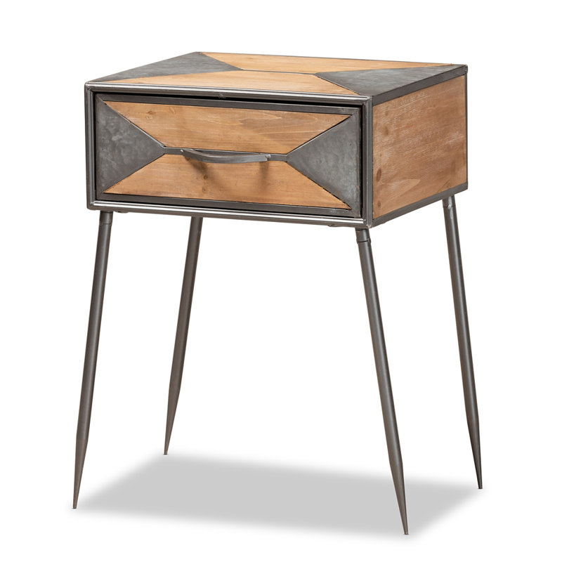 Table de chevet en bois massif à 1 tiroir Jimia - gris / brun