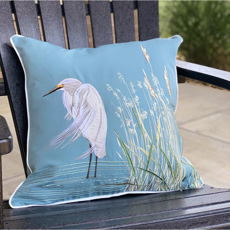 Oceana Blue Embroidered Egret Square Throw Pillow
