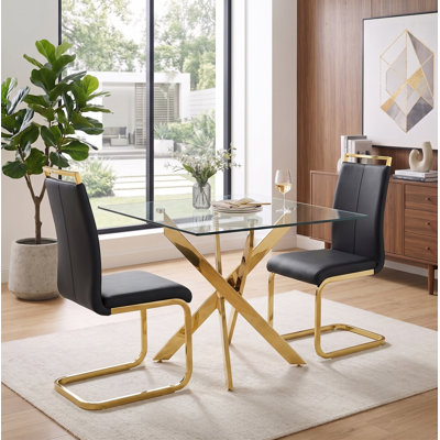 Ensemble de salle à manger moderne carré en verre avec cadre géométrique et chaises cantilever